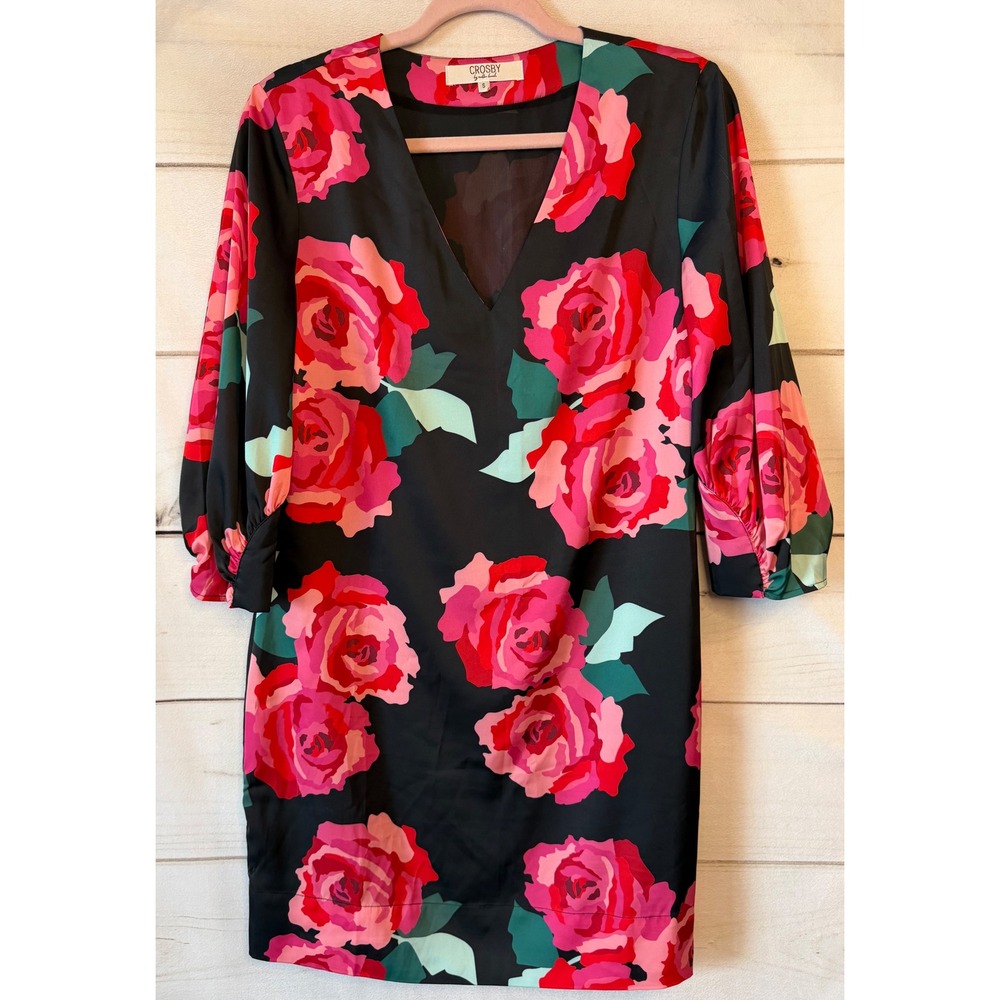 Crosby by Mollie Burch Black Floral Rose V-Neck 3/4 Sleeve Shift Dress Small